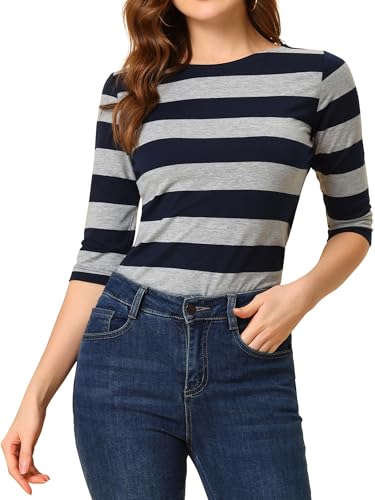 Allegra K Damen Gestreiftes Shirt U Boot Ausschnitt Halbarm Party Ferien Streifen Top Bluse Marinegrau M Allegra K Damen Gestreiftes Shirt U Boot Ausschnitt Halbarm Party Ferien Streifen Top Bluse Marinegrau M von Allegra K