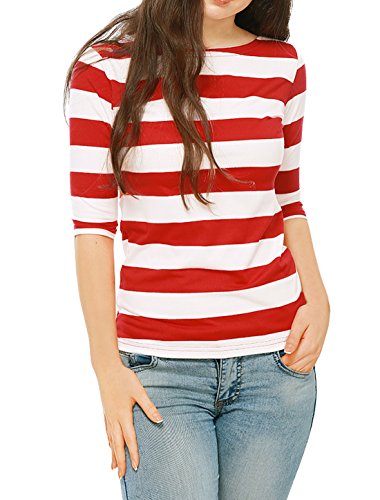 Allegra K Damen Gestreiftes Shirt U Boot Ausschnitt Halbarm Party Ferien Streifen Top Bluse Rot XXL von Allegra K