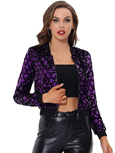 Allegra K Damen Party Glitzerjacke Bomberjacke Pailletten Glitzer Langarm Reißverschluss Club Kurze Jacke Lila M von Allegra K