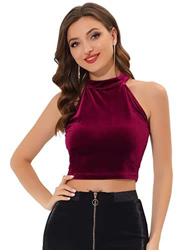 Allegra K Damen Party Oberteil Neckholder Ärmellos Samt Velours Basic Layering Crop Top Weinrot M von Allegra K
