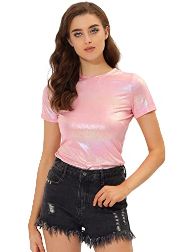 Allegra K Damen Party Metallic Strukturiertes Kurzarm Glänzendes Multicolor TopHell Pink X-Small von Allegra K