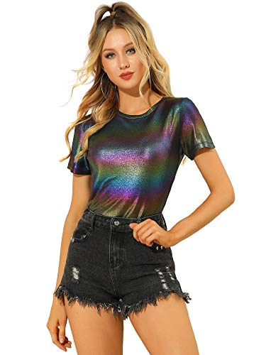 Allegra K Damen Party Metallic Strukturiertes Kurzarm Glänzendes Multicolor TopMehrfarbig X-Large von Allegra K