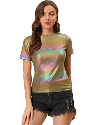 Allegra K Damen Party Metallic Strukturiertes Kurzarm Glänzendes Multicolor TopRegenbogen Small von Allegra K