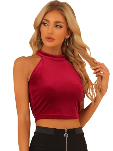 Allegra K Damen Party Oberteil Neckholder Ärmellos Samt Velours Basic Layering Crop Top Rot XS von Allegra K
