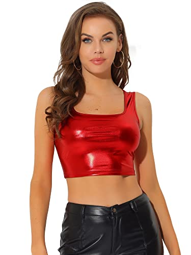 Allegra K Damen Metallic Crop Top Party Tanktop Ärmellos Glänzend Club Bauchfrei Oberteil Schwarz Rot XL von Allegra K
