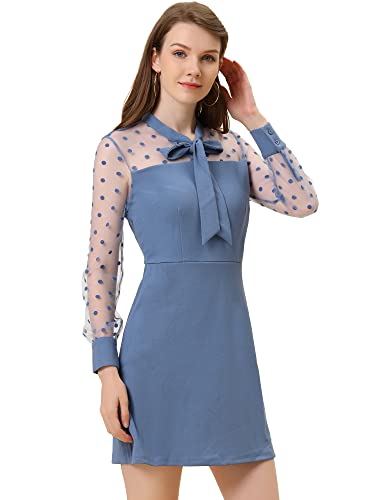 Allegra K Damen Partykleid Langarm V-Ausschnitt Polka Dots Krawatte Mesh Elegant Minikleid Grau Blau S von Allegra K