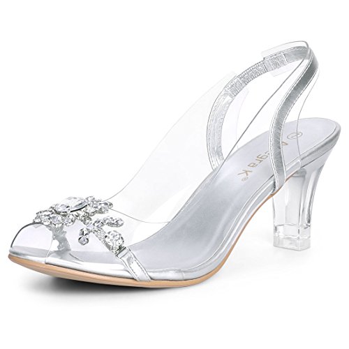 Allegra K Damen Transparente Slingback Blumen Strass Peep Toe Heels Sandalen Silber 40 von Allegra K