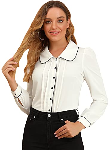 Allegra K Damen Peter Pan Kragen Hemd Langarm Elegant Button Down Arbeitsbluse, Weiss/opulenter Garten, Klein von Allegra K