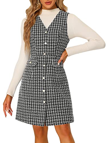 Allegra K Damen Pinafore Kleid V-Ausschnitt Knopfleiste Taschen Vintage Ärmellos Plaid Tweed Kleid, Schwarz , Small von Allegra K