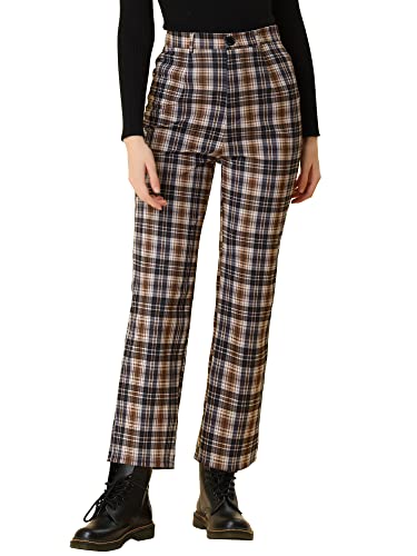 Allegra K Damen Plaid Cropped Hose Knopf Casual Tartan Karo Arbeitshose, gelb, Mittel von Allegra K