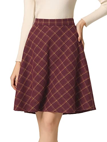 Allegra K Damen Plaid Hohe Elastische Taille Knielang Kariert A-Linie Rock, burgunderfarben, 36 von Allegra K