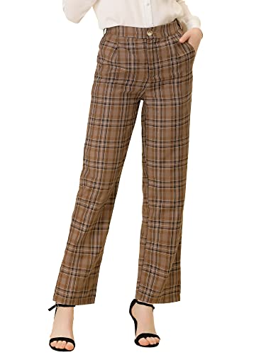 Allegra K Damen Plaid Hosen Elastische Taille Casual Arbeit Büro Lange Hosen, braun, Mittel von Allegra K