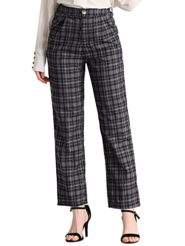 Allegra K Damen Plaid Hosen Elastische Taille Casual Arbeit Büro Lange Hosen, dunkelgrau schwarz, Groß von Allegra K