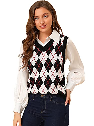 Allegra K Damen Plaid Karo Knit Argyle Sweater Ärmellos Weste, schwarz, Klein von Allegra K