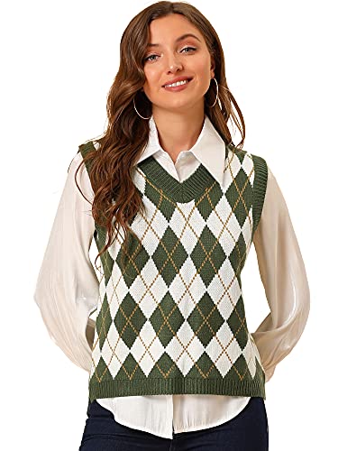 Allegra K Damen Plaid Karo Strick Argyle Pullover Ärmellose Weste, Grün , X-Groß von Allegra K