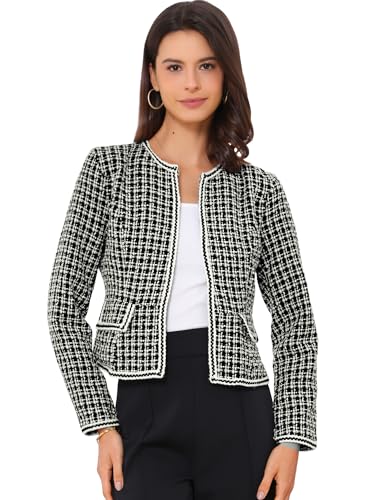 Allegra K Damen Plaid Tweed Blazer Anzug Blazer Langarm Open Front Arbeit Büro Kurze Jacke, Schwarz , 44 von Allegra K