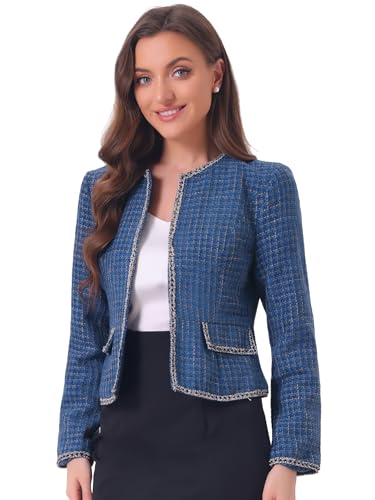 Allegra K Damen Plaid Tweed Blazer Anzug Blazer Langarm Open Front Arbeit Büro Kurze Jacke, blau, 36 von Allegra K