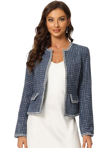 Allegra K Damen Plaid Tweed Blazer Langarm Offene Vorderseite Arbeit Büro Kurze Jacke, Dunkelblau, XS von Allegra K