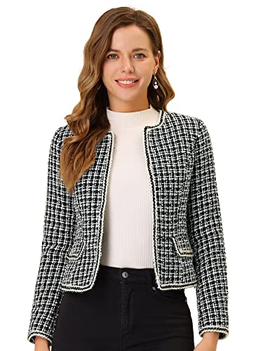 Allegra K Damen Plaid Tweed Blazer Langarm Open Front Arbeit Büro Kurze Jacke, schwarz, Medium von Allegra K