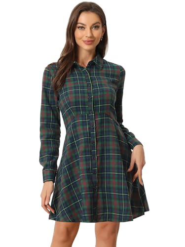 Allegra K Damen Plaids Button Down Baumwolle Mini A-Linie Hemdkleid, Grün , Klein von Allegra K