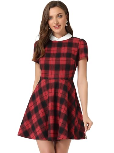 Allegra K Damen A-Linie Plaid Grid Kurzarm Panel Bubikragen Kariert Minikleid Kleid Rot XL von Allegra K