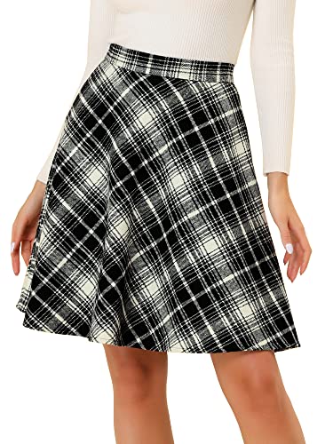 Allegra K Damen Plaids Vintage Tartan Elastische Taille Knielang A-Linie Rock, Schwarz, Mittel von Allegra K