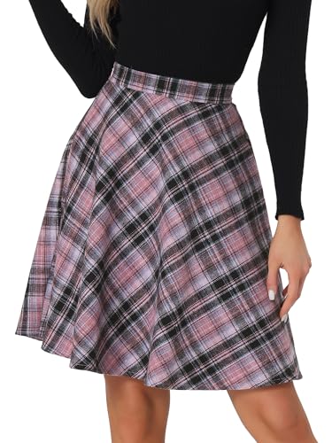 Allegra K Damen Plaids Vintage Tartan Elastische Taille Knielang A-Linie Rock, Violett / Schwarz, Mittel von Allegra K