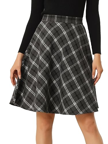 Allegra K Damen Plaids Vintage Tartan Elastische Taille Knielang A-Linie Rock, grau dunkel, Groß von Allegra K