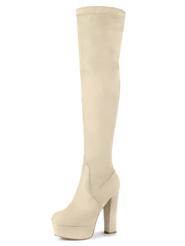 Allegra K Damen Plateau Blockabsatz über Knie High Boots, beige, 40 EU von Allegra K
