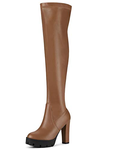 Allegra K Damen-Plateau-Heels mit klobigem Absatz über kniehohen Stiefeln Braun 37 von Allegra K