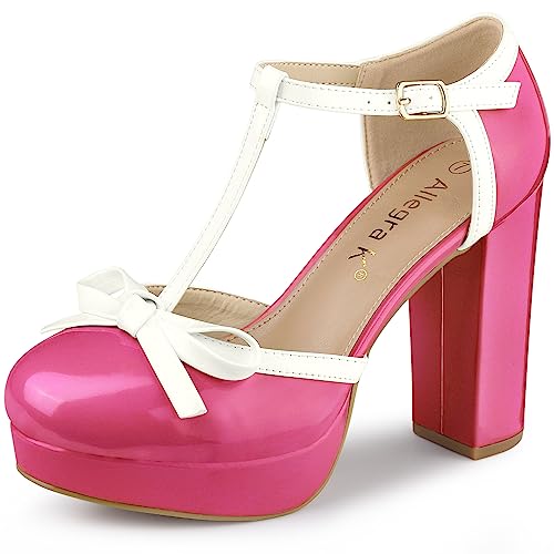 Allegra K Damen Plateau Schleife T Strap Chunky Heels Pumps, Knallpink (Hot Pink), 39 EU von Allegra K