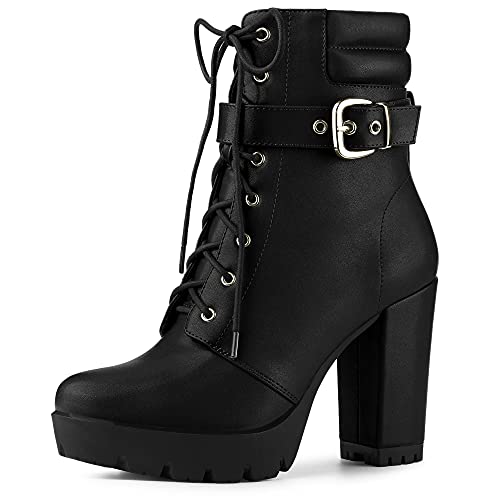 Allegra K Damen Plateau Schnalle Schnür Blockabsatz Stiefeletten, Schwarz , 38 EU von Allegra K