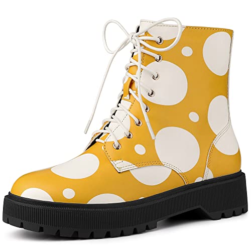 Allegra K Damen Plateau Schnürschuh Polka Dots Printing Combat Boots, Gelb / Weiß, 38 EU von Allegra K