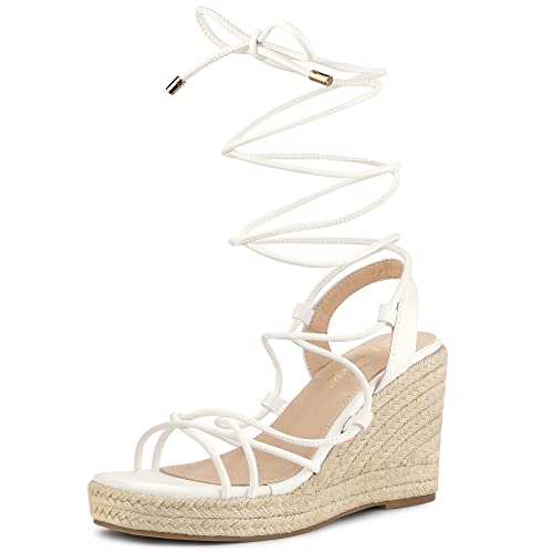 Allegra K Damen Plateau Square Toe Lace Up Espadrilles Heels Keilsandalen, Weiss/opulenter Garten, 38 EU von Allegra K