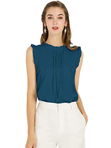 Allegra K Damen Plissee Oberteil Ärmellos Shirt Rundhals Elegante Rüschen Top Bluse Blau Grün XS von Allegra K