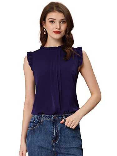 Allegra K Damen Plissee Oberteil Ärmellos Shirt Rundhals Elegante Rüschen Top Bluse Dunkelblau S von Allegra K