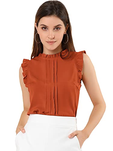 Allegra K Damen Plissee Oberteil Ärmellos Shirt Rundhals Elegante Rüschen Top Bluse Dunkelorange XS von Allegra K