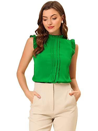 Allegra K Damen Plissee Oberteil Ärmellos Shirt Rundhals Elegante Rüschen Top Bluse Grün L von Allegra K