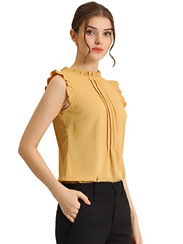 Allegra K Damen Plissee Oberteil Ärmellos Shirt Rundhals Elegante Rüschen Top Bluse Khaki S von Allegra K