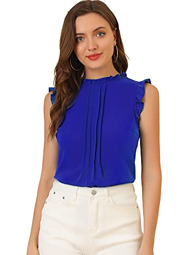 Allegra K Damen Plissee Oberteil Ärmellos Shirt Rundhals Elegante Rüschen Top Bluse Königsblau XL von Allegra K