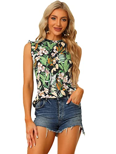 Allegra K Damen Ärmelloses Top mit Rüschen Business Büro Vintage Blusen im 50er Jahre Stil Schwarz-Blumig M von Allegra K