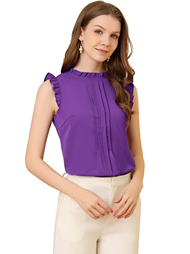 Allegra K Damen Plissee Oberteil Ärmellos Shirt Rundhals Elegante Rüschen Top Bluse Dunkellila M von Allegra K