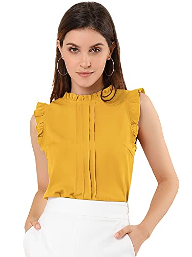 Allegra K Damen Plissee Oberteil Ärmellos Shirt Rundhals Elegante Rüschen Top Bluse Gelb L von Allegra K