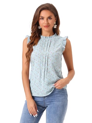 Allegra K Damen Plissee Oberteil Ärmellos Shirt Rundhals Elegante Rüschen Top Bluse Grau Gelb Weiß XS von Allegra K