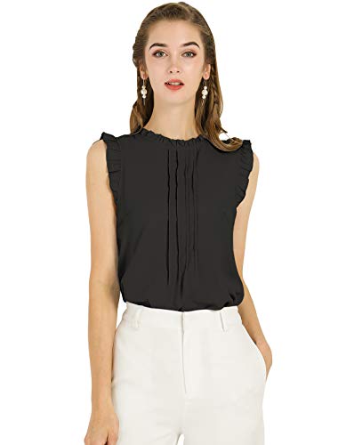 Allegra K Damen Plissee Oberteil Ärmellos Shirt Rundhals Elegante Rüschen Top Bluse Schwarz XXL von Allegra K