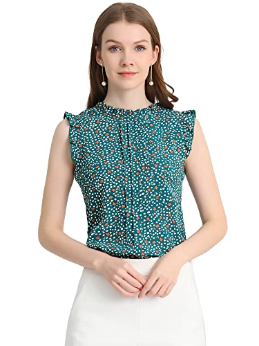 Allegra K Damen Plissee Oberteil Ärmellos Shirt Rundhals Elegante Rüschen Top Bluse Weiß Blumen L von Allegra K