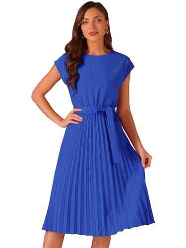 Allegra K Damen-Plisseekleid Mit Rundhalsausschnitt, Ärmellos, A-Linien-Kleid Mit Bindegürtel Königsblau M von Allegra K