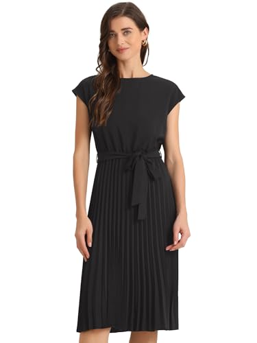 Allegra K Damen-Plisseekleid Mit Rundhalsausschnitt, Ärmellos, A-Linien-Kleid Mit Bindegürtel Schwarz XL von Allegra K