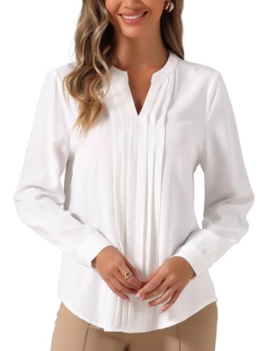 Allegra K Damen Plissiertes Hemd Formelle Langarm Business V-Ausschnitt Lässige Bluse Weiß XL von Allegra K
