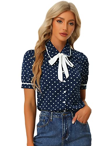 Allegra K Damen Bubikragen Bluse Kurzarm Polka Dots Gepunktet Oberteile Tops Dunkelblau M von Allegra K